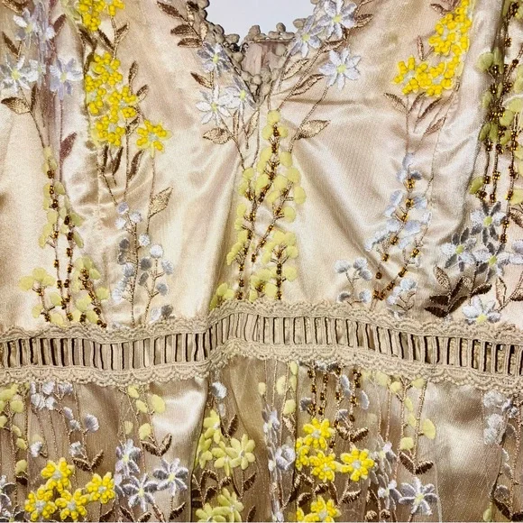 AQUA Gold Yellow Beaded Embroidered Maxi 3D Prom Dress Gown Wedding Guest Glam L - Picture 9 of 12